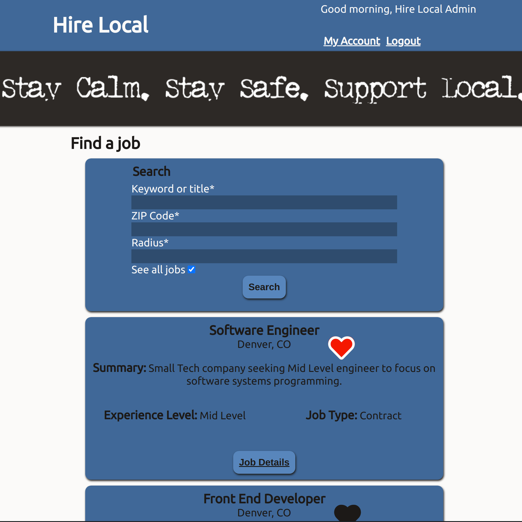 Hire Local app main page screen shot