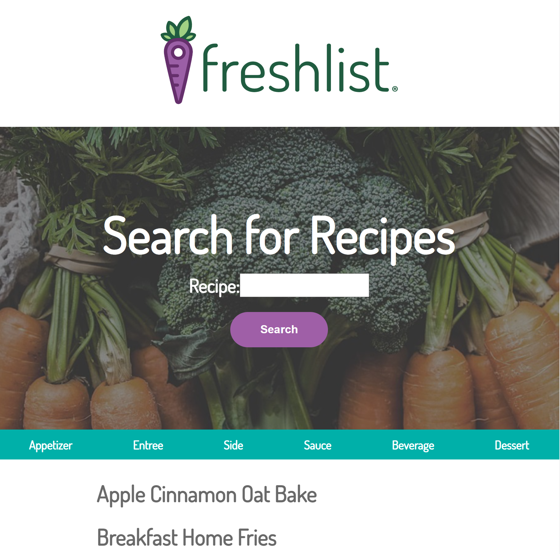 Freshlist recipe app home page screen shot